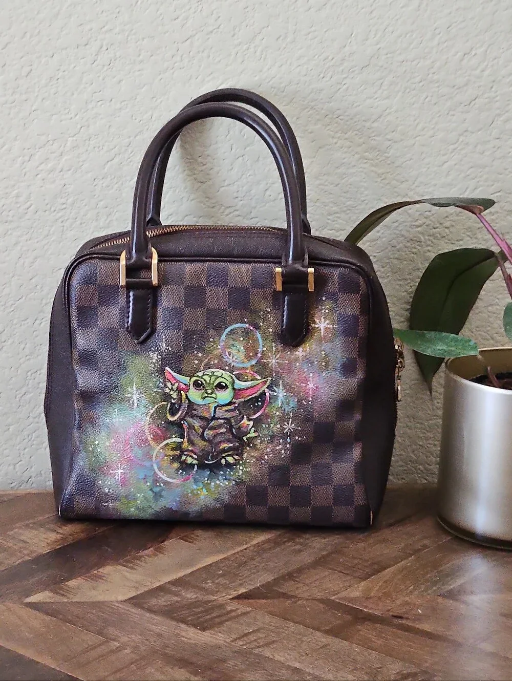 LOUIS VUITTON Damier Ebene Brera Customized Painted Baby Yoda Image